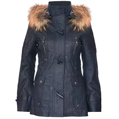 Abbildung von Infinity Leather Frauen Navy Blau Gesteppte Leder Parka Jacke Mit Abnehmbarer Kapuze 3XL
