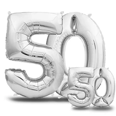 Abbildung von envami® Luftballons 50. Geburtstag XXL Silber Riesen Folienballon in 2 Größen 40&quot; &amp; 16&quot; 101cm + 40cm Geburtstagsdeko Set Vier Zahlen Ideal als Deko fliegt mit Helium