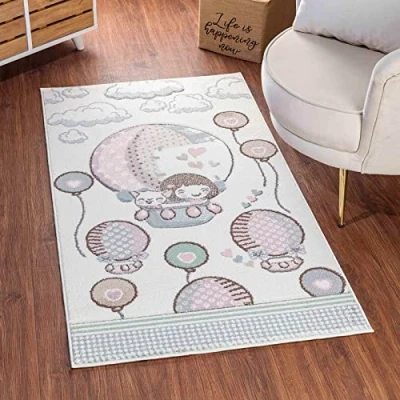 Abbildung von Surya Cartoon Kinderteppich Heissluftballon Teppich, Teppich Kinderzimmer oder Babyzimmer, Kinderzimmerteppich, Krabbelteppich Spielteppich Baby für Junge &amp; Mädchen, Beige 160x213cm