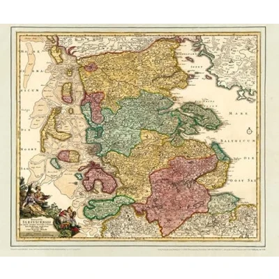 Abbildung von Historsiche Karte: Schleswig mit den Nordfriesischen Inseln, um 1720 (Plano): Kartuscheninschrift: Ducatus Slesvicensis in omnes ejusdem Generales ... edita a Ioh. Baptista Homano, Norimbergae