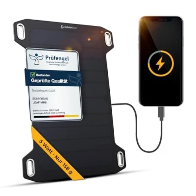 Abbildung von Sunnybag Leaf Mini 5 Watt Tragbares Solarpanel Effizient, wasserfest, Ultraleicht, 158g Solarladegerät mit USB Anschluss für Handy, Smartphone, Powerbank Ideal Wandern, Camping, Outdoor
