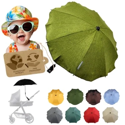 Abbildung von Sonnenschutz universal [Sonnenschirm für Kinderwagen] Buggy UV Schutz 50+ mit Universalhalterung biegsamer Schirm Rund und Ovalrohre verstellbar (meliert dunkelgrün)