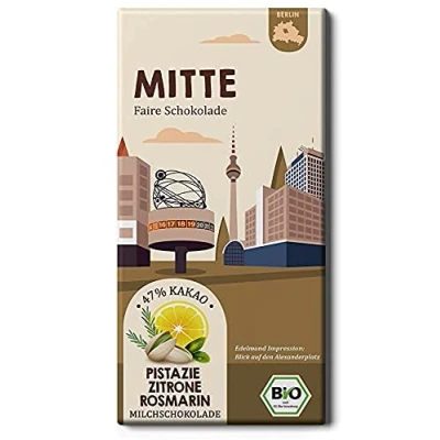 Abbildung von BERLIN MITTE Stadtteil Schokolade Bio / Pistazie, Zitrone und Rosmarin Milchschokolade aus Fairtrade Kakao. (1 Tafel, 75g)