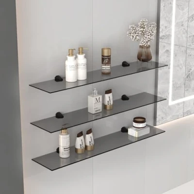Abbildung von Euro Tische 90cm Glas Wandregal Grauglas Regal für Badezimmer in verschiedenen Größen Duschregal mit 6mm ESG Sicherheitsglas und Metallhaltern Montiert