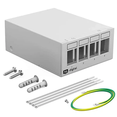 Abbildung von HB DIGITAL 4 Port Patchpanel Gehäuse für Keystone Module: RJ45 Buchse, RJ11 Socket, IEC Stecker/Buchse, F Verbinder, USB C A BF/AF, HDMI, Polklemme Gewindebuchse BNZ, RCA Verbinder HELLGRAU