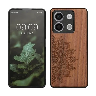 Abbildung von kwmobile Hülle kompatibel mit Xiaomi Redmi Note 13 5G Holz Case Handy Cover TPU Handyhülle in Dunkelbraun Aufgehende Sonne