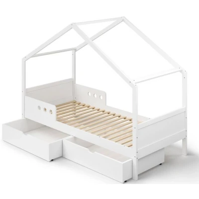 Abbildung von Bellabino Bela Hausbett 90x200 cm für Kinder mit Rausfallschutz &amp; 2 Schubladen, weißes Kinderbett, Kleinkinderbett und Jugendbett aus Kiefer Massivholz inkl. Lattenrost Matratze