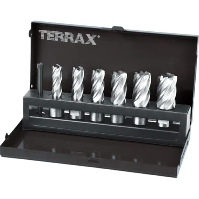 Abbildung von TERRAX Kernbohrer Satz HSS mit Weldonschaft (3/4&quot;) Schnitttiefe 30,0 mm in Industriekassette, Beinhaltet 6 und ein Auswerferstift, 7 teilig