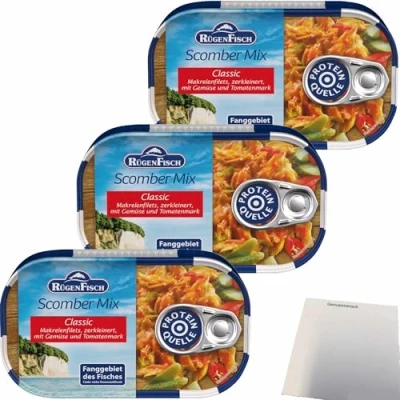 Abbildung von Rügenfisch Scomber Mix, Makrelenfilets zerkleinert mit Gemüse und Tomatenmark 3er Pack (3x120g Dose) + usy Block