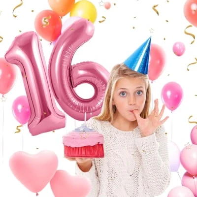 Abbildung von Geburtstag zahlen luftballon 16 jahre Folienballon Rosa in 40&quot; 101cm Geburtstagsdeko Ballon Zahl Deko zum fliegt mit Helium für Mädchen Junge 16.Geburtstags