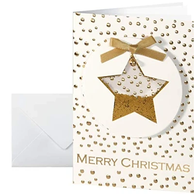 Abbildung von SIGEL DS059 Handmade Weihnachtskarten Set 3D 10 Stück mit Umschlag , DIN A6 Applikationen wie goldenen Konfettis und Schleife &quot;Confetti Star&quot; ideal zum Bedrucken