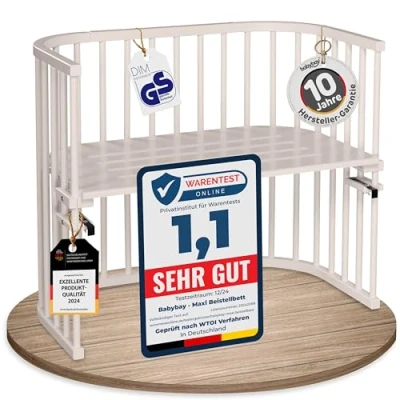Abbildung von babybay Maxi extra großes Beistellbett aus massivem Buchenholz/Kinderbett Höhe stufenlos verstellbar &amp; umweltfreundlich/mitwachsendes Babybett (beige lackiert)