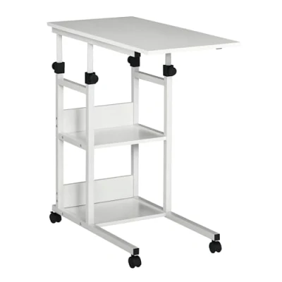 Abbildung von HOMCOM Beistelltisch Couchtisch mit Rollen, Höhenverstellbarer Schreibtisch 2 unteren Regalen, Sofatisch Laptoptisch, Betttisch, für Esszimmer Wohnzimmer, Metall, Weiß, 80x40x72 82 cm
