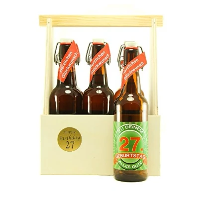 Abbildung von Bier Geschenk 6 er Holz Träger mit Fl. 27. Geburtstag