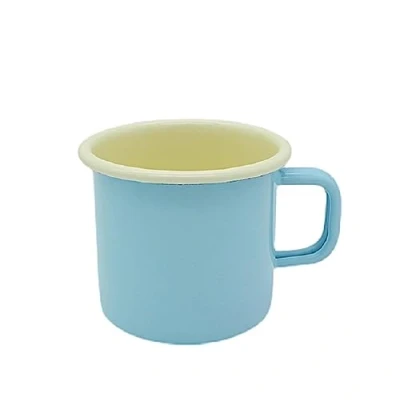 Abbildung von linoows Emaille Tasse, Henkelbecher, Henkeltopf, Kaffeetasse Hellblau Creme 8 cm