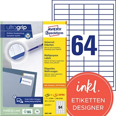 Abbildung von AVERY Zweckform 3667 200 Universal Etiketten (12.800 plus 1.280 Klebeetiketten extra, 48,5x16,9mm auf A4, Papier matt, individuell bedruckbar, selbstklebende Aufkleber mit ultragrip) 220 Blatt, weiß