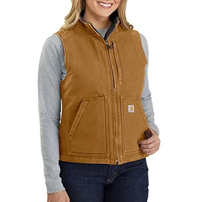 Abbildung von Carhartt Women&#039;s Loose Fit Washed Duck Sherpa Lined Mock Vest, Brown, X Large