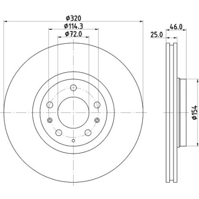 Abbildung von HELLA 8DD 355 114 491 Bremsscheibe 320 25 05/08 114,3 innenbelüftet ohne Radbefestigungsbolzen, Radnabe MAZDA: 6 Limousine, Station Wagon