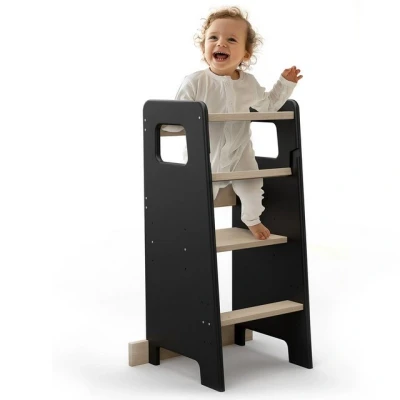 Abbildung von CADANI Jasper Lernturm ab 1. Jahr mit Anti Kipp Schutz Montessori Küchenhelfer Massivholz bis 50 kg belastbar Höhenverstellbar Made in EU Innovative Verriegelung, Schwarz
