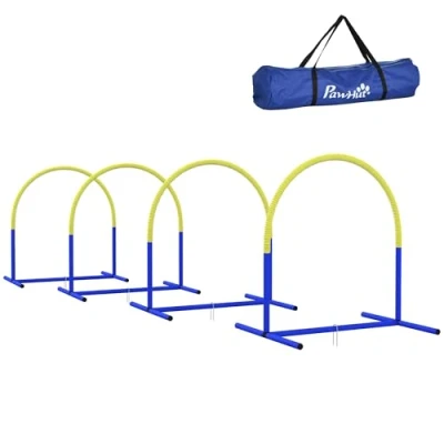 Abbildung von PawHut Hunde Agility Trainingsgeräte, Hund Set, 4 teilges Steckhürdenset für ältere Hunde, Hundetrainigsset mit Tragetasche, Blau+Gelb, 88 x 64 95 cm