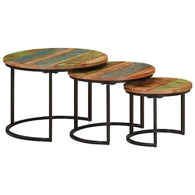 Abbildung von vidaXL Satztisch 3 TLG., Couchtisch Holz Tischplatte Eisenbein, Beistelltisch für Wohnzimmer, Wohnzimmertisch, Industrie Stil, Recyceltes Massivholz