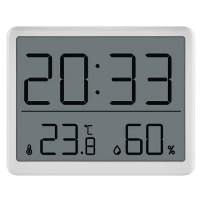 Abbildung von EMOS digitales Raumthermometer und Hygrometer mit Uhr zum Aufstellen/Aufhängen/Magnethalterung LCD Display Anzeige von Mindest Höchstwerten, Datum, Wecker inkl. Batterie weiß