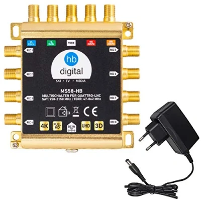 Abbildung von HB DIGITAL DVB S/S2 Multischalter 5/8 Multiswitch Verteiler für 1 SAT, 8 Teilnehmer/Satelliten Receiver inkl. externes Netzteil geringer Stromverbrauch MS58 HDTV FullHD 1080p 4K UHD
