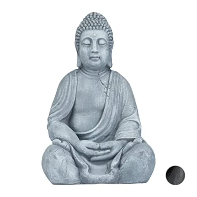 Abbildung von Relaxdays XL Buddha Figur sitzend, 50 cm hoch, Feng Shui, Outdoor, Garten Dekofigur, große Zen Statue, hellgrau