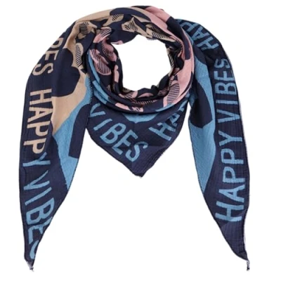 Abbildung von Damen Musselin Halstuch Made in Italy mit Leo Love Happy Leichtes Dreieckstuch für Frühling &amp; Sommer, Baumwolle, ca.195x85 cm (Happy Navy)