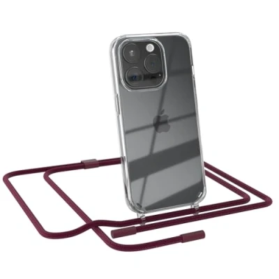 Abbildung von EAZY CASE Handykette kompatibel mit iPhone 15 Pro dünne Handyhülle für Hülle Band als Fallschutz Kette zum Umhängen transparente Silikon in Beere