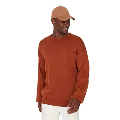 Abbildung von Trendyol Herren Pullover mit Rundhalsausschnitt, einfarbig, Oversize Sweatshirt, braun, Small