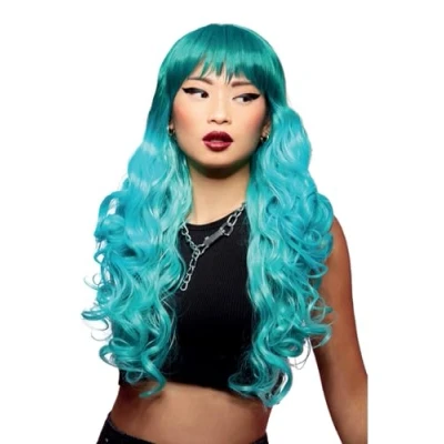 Abbildung von Smiffys Manic Panic® Mermaid™ Ombre Siren™ Perücke, lange gelockte Wellen mit Pony, hitzebeständig