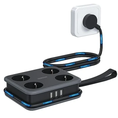 Abbildung von 4 Fach Steckdosenleiste mit 3 USB A NTONPOWER Mehrfachsteckdose 4er Kindersicherung Power Strip 1,6 Meter Wandmontage, Schwarz