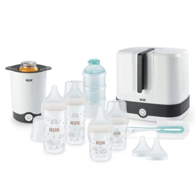 Abbildung von NUK Perfect Match Complete Feeding Set Ab 0 Monate Vario Express Sterilisator, 4 Babyflaschen, Flaschenwärmer, Flaschenbürste und mehr Regenbogen 8 Stück