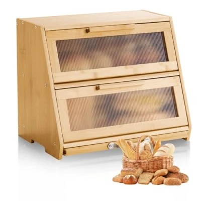 Abbildung von VEVOR Doppelschichtiger Brotkasten für Küchentheke Brotbox Brotbehälter Natur