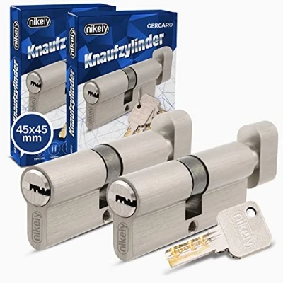 Abbildung von GERCAR Pro Knaufzylinder 45/45 Massiver Schließzylinder gleichschließend mit Knauf 2er Set Zylinderschloss aus Messing Matt Vernickelt inkl. 10x Wendeschlüssel Länge: 90 mm, A:45 B:45 2x