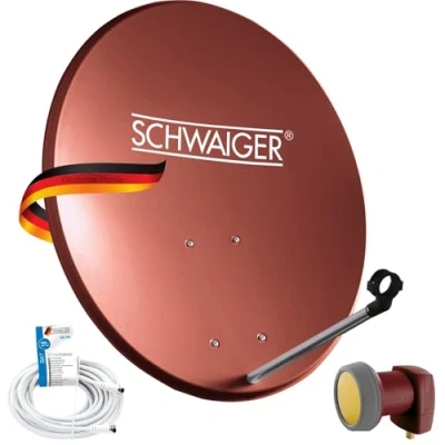 Abbildung von SCHWAIGER 9741 SAT Anlage Satelliten Set Satellitenschüssel Single LNB Koaxialkabel 10m digital Antenne aus Aluminium Ziegelrot 55 x 62cm