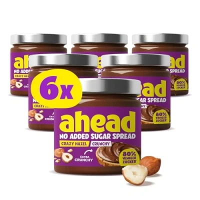 Abbildung von ahead CRUNCHY CRAZY HAZEL 6 x 200g Haselnusscreme Ohne Zuckerzusatz leckerer Schokoaufstrich mit 80% weniger Zucker* Palmöl, glutenfrei &amp; vegetarisch Zuckerarmer Brotaufstrich Schokocreme