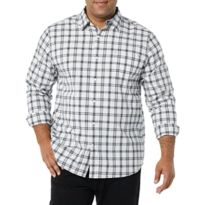 Abbildung von Amazon Essentials Herren Langärmeliges Hemd Aus Stretch Popeline Mit Normaler Passform, Marineblau Weiß Karomuster, XS
