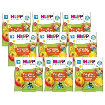 Abbildung von HiPP Bio für Kinder Knabberprodukte Knabber Sternchen mit Apfel, Orange und Johannisbeere, 9er Pack (9 x 30g)
