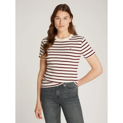 Abbildung von Tommy Hilfiger Damen New Slim Cody C NK SS WW0WW40587 S/S Strickoberteile, Beige (Fine STP Calico/Deep Rouge), L