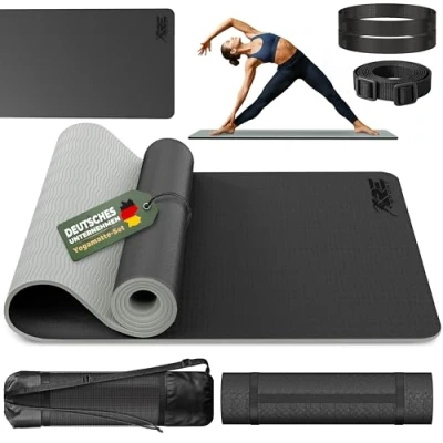 Abbildung von RE:SPORT Yogamatte mit Tragetasche Gymnastikmatte rutschfest Fitnessmatte schadstofffrei Trainingsmatte Tragegurt Phthalatfrei 183 x 61 0,6 cm
