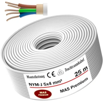 Abbildung von MAS Premium Feuchtraumkabel Stromkabel 5 200m Mantelleitung NYM J 3x1, 2,5 4 6 10 oder 5x1,5 16 Elektrokabel für feste Verlegung (NYM 5x4 mm², 25m)