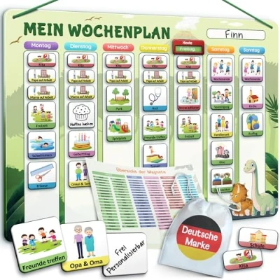 Abbildung von LIKARTO Wochenplaner Kinder [DAS ORIGINAL] Montessori Magnettafel inkl. 194 Magnete &amp; Magnetischer Rückseite Aufgabentafel Lernhilfe zur Selbstständigkeit Wochenplanung Grün