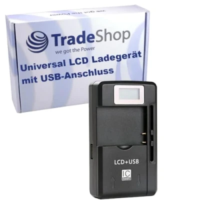 Abbildung von Trade Shop Universell einstellbares Akku Ladegerät Tischlader Ladestation mit USB Adapter Anschluss für die Steckdose passend 3,6V/3,7V Li Ion Akkus bis zu 6,5cm