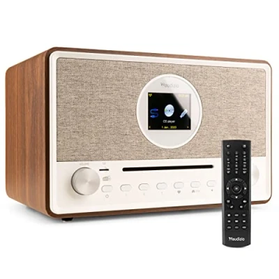 Abbildung von Audizio Lucca Stereo DAB Radio mit CD Player, Internetradio, Bluetooth und MP3 kristallklarer Sound, stilvolles Retro Design im Holzgehäuse, Radiospeicher, Display, Fernbedienung, Braun