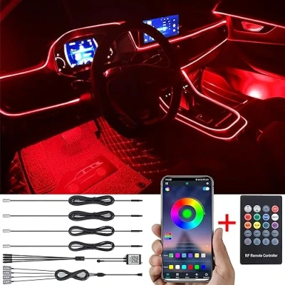 Abbildung von TABEN Auto Atmosphärenlicht Kit Musiksynchronisation Mehrfarbig RGB 16 Millionen Farben 5 Meter Glasfaser USB Fußraum Ambientebeleuchtung Kit, Sound Active RF Fernbedienung und Bluetooth App Steuerung