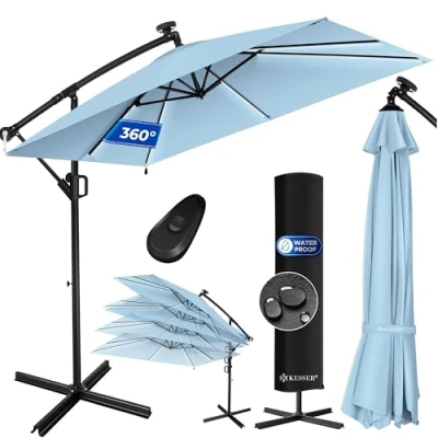 Abbildung von KESSER® Ampelschirm Holly Sonnenschirm Rechteckig LED Solar inkl. Abdeckung + Windsicherung mit Kurbel Schirm Ständer UV Schutz Aluminium Wasserabweisend Ø350cm Gartenschirm Hellblau