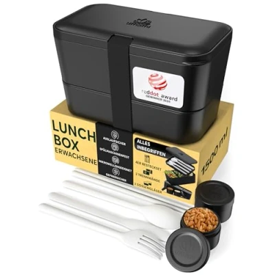 Abbildung von UMAMI Lunchbox Bento für Erwachsene mit Besteck und 2 Saucenbehältern, (Inkl. Zubehör Brotdose Fächern Meal Prep), als Brotdosen Salat, Snack Box, Auslaufsichere