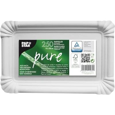 Abbildung von PAPSTAR Einwegteller 250 Pappteller &quot;pure&quot; eckig 13x20cm Kuchenpappe weiß
